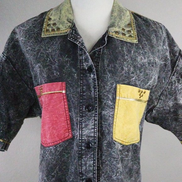 80's Acid Wash Vintage Button Down Two Tone Shirt Stranger Things Style - Picture 3 of 9